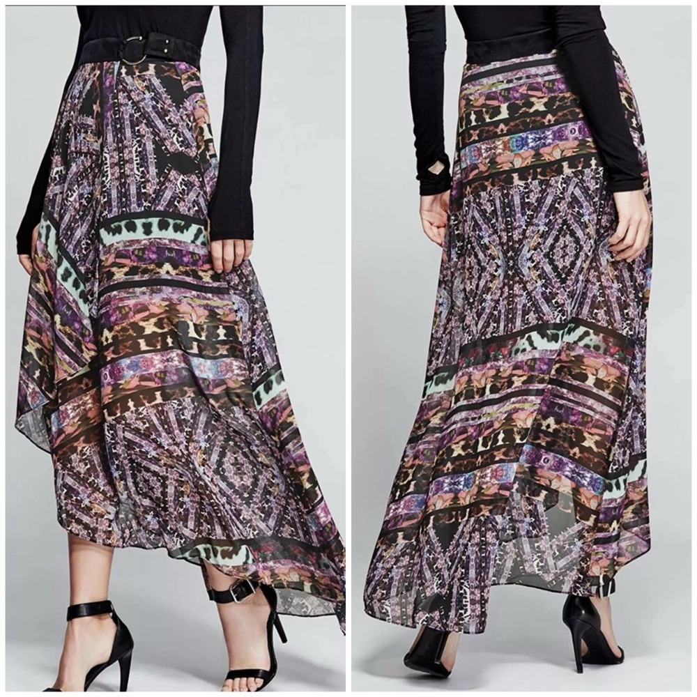 Marciano Guess chiffon maxi skirt mixed print sz large L boho whimsigoth